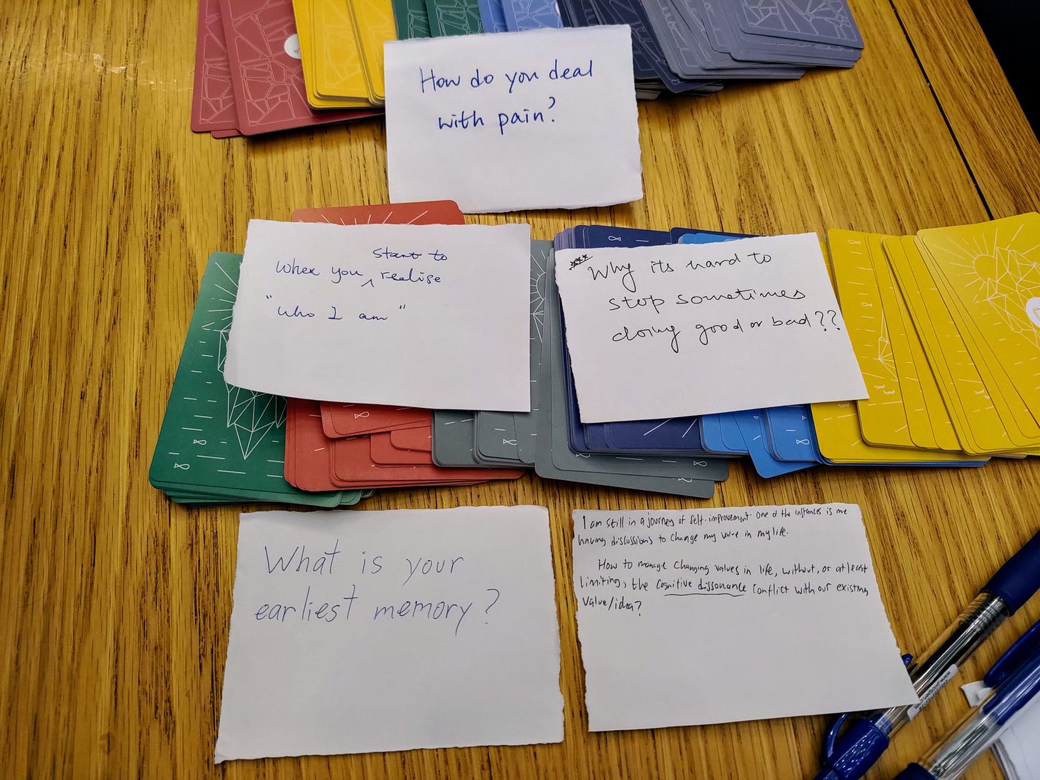 Handwritten questions on small pieces of paper submitted by participants.