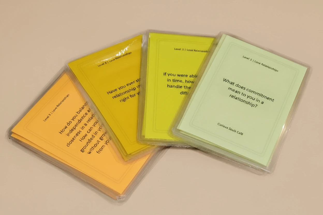 Examples of question cards for 'Love Relationships' sorted into three difficulty levels.